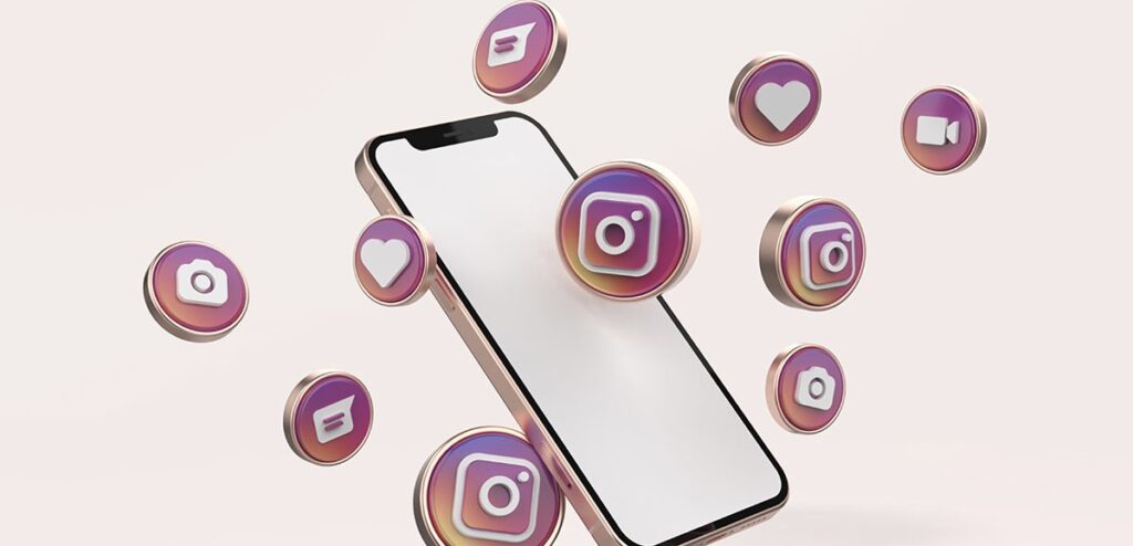 Smartphone mockup with instagram icons in realistic 3D rendering. Blank screen template