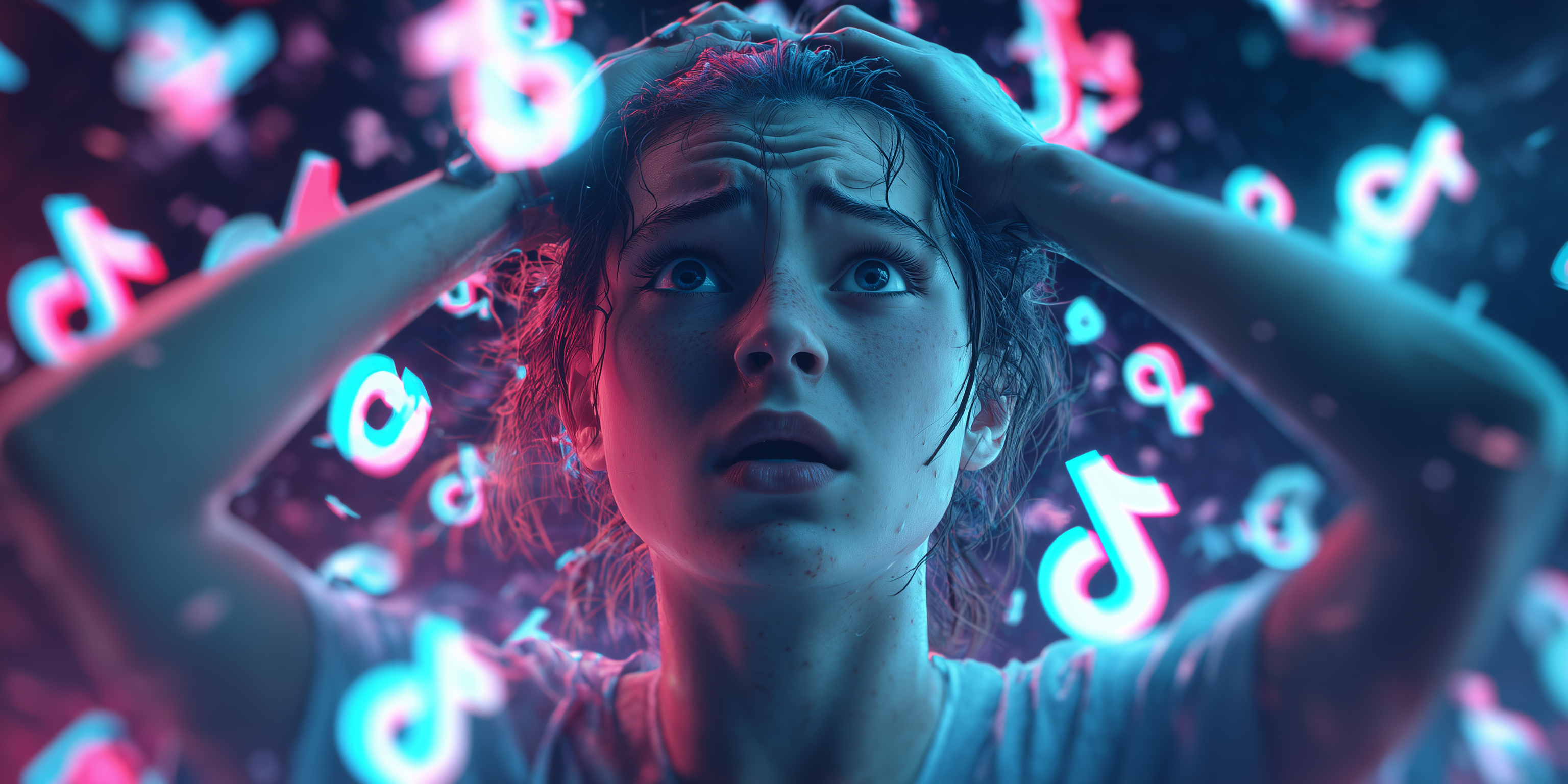 dievca s vystresovanym pohladom a okolo nej lietaju loga tiktok